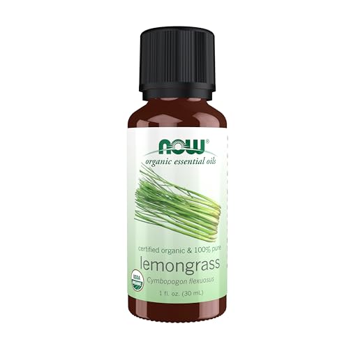 NOW Essential Oils, Organic Lemongrass Oil, Uplifting Aromatherapy Scent, Steam Distilled, 100% Pure, Vegan, Child Resistant Cap, 1-Ounce