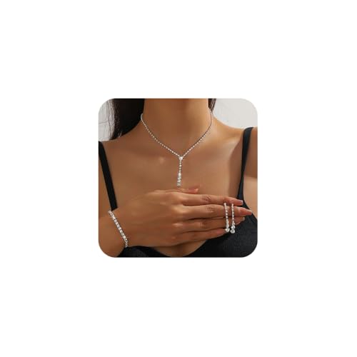 XFSRG Conjunto de Joyas de Mujer 3 Piezas con Collar Pulsera y Pendientes con Strass y Circonita Cúbica Ideal para Bodas Noches y Looks Elegantes (Plata)