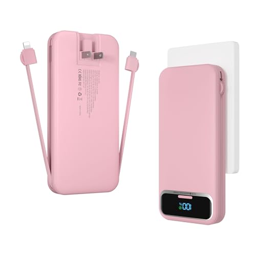 12000mAh Lightweight-Portable-Charger-Power-Bank with Built-in Cables and AC Wall Plug, PD20W USB-C Fast Charging Battery Pack, LED Display External Travel Phone Charger for All iPhone,Samsu