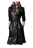 Women Designer Black Trench Leather Long Coat with Belt Trench Coat Slim Fit Style for Ladies (Medium)