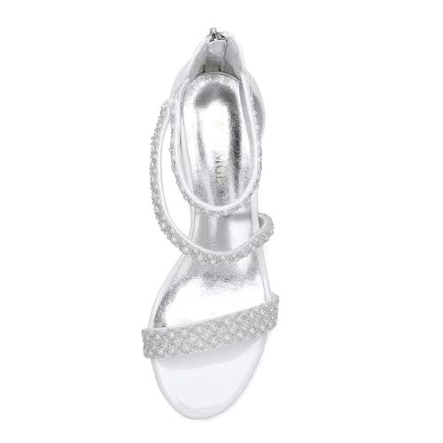 Image of Low Block Heel Wedding Sandals for Bride Open Toe Wedding Shoes Pearl Wedding Heels Bridal Shoes