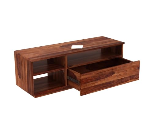 Image of Solid Sheesham Wood TV Unit with 3 Shelves & Drawer Storage - Elegant Wooden TV Unit for Living Room | Fits up to 55-inch TV - Solid Living Room Furniture (Reck, Honey Finish)