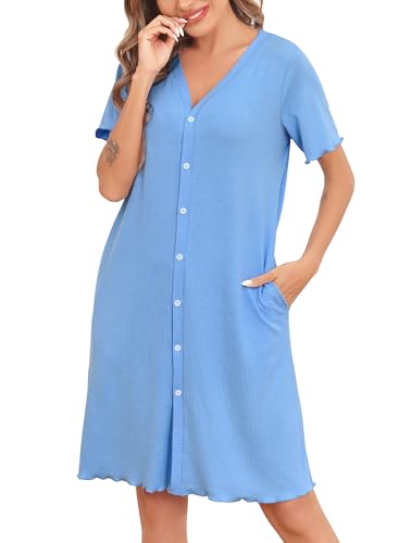 Vlazom Camisones de Mujer Camisones Largos Manga Corta con Botones y Bolsillos Vestido Casual para Otoño Invierno Primavera Verano (S,Azul)