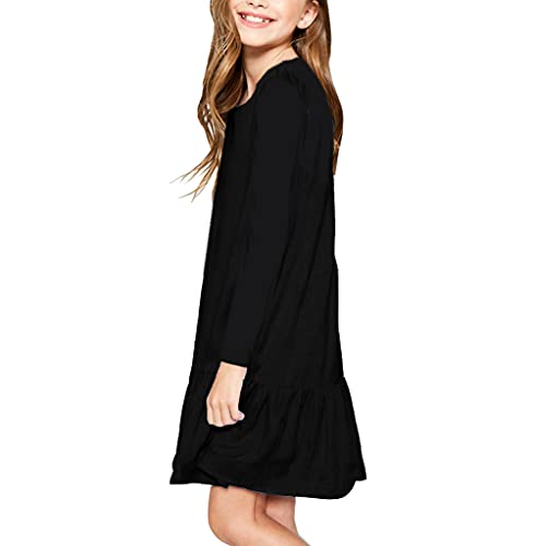 Ruffle Dresses For Girl Long Sleeve Rffle Trim Casual Cute Spring Fall Shift Dress Black 9-10 Years #TOP5