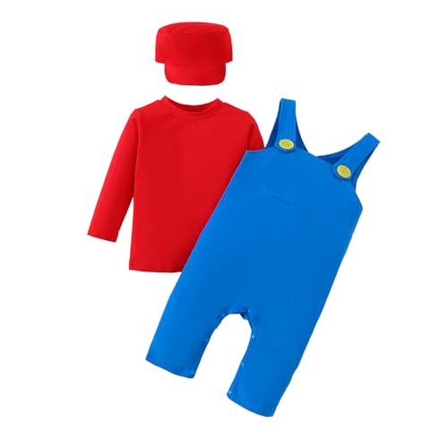Toddler Halloween Costume Plumber Costume Shirt Blue Bib Overalls Pant Set With Hat Bro Outfits for Baby Boys Girls