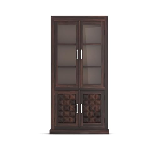 Image of Sheesham Wood Bookshelf with Glass Door for Home Library Solid Wood Bookcase Wooden Crockery Cabinet for Kitchen Book Shelf (Walnut Finish)