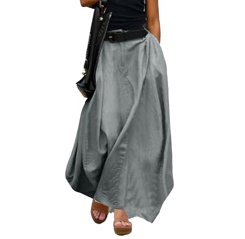 Women Baggy Cotton Linen Maxi Skirt Casual Loose High Waisted A Line Ruched Flowy Beach Skirt with Pocket