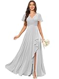YMeiPaodw Short Sleeve Chiffon Silver Bridesmaid Dresses for Wedding V Neck Ruffle A Line Long Formal Dresses for Women with Slit Size 8