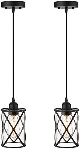 Osimir Industrial Pendant Light, 2 Pack Mini Glass Pendant Light for Kitchen, Cage Pendant Lighting in Black Finish with Clear Glass, Adjustable Length, CH9176-1-2PK