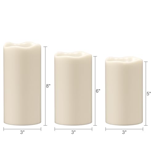 Image of Eldnacele Solar Outdoor Flameless Pillar Candles Waterproof Rechargeable | Solar Powered LED Flickering Candles, White Plastic Dusk to Dawn, Garden Porch Wedding Lantern Decor, 3 inch x 5 inch6 inch8 inch, 3 Pack