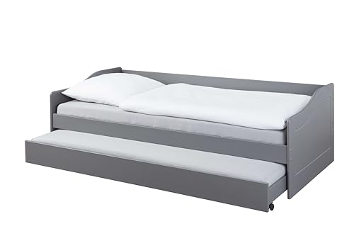 Inter Link- Funktionsbett - Kinderbett - Einzelbett - Sofabett - mit Stauraum - Bettschublade - mit Schublade - inklusive Lattenrost - Kiefer Massivholz - Grau Lackiert - Leonie 23-90 x 200 cm
