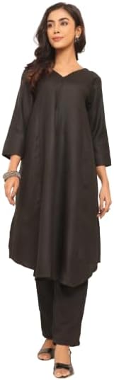 Women's Black Solid A-Line Kurta with V-Neck & Three-Quarter Sleeves, Paired with Matching Bottom