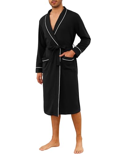 Vlazom Peignoir Homme en Coton Waffle à Col Revers Robe de Chambre avec Poches, Ceinture et Finitions Contrastées,Noir,L
