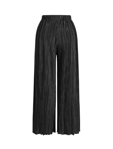 Womens High Waisted Pants Solid Textured Elastic Waist Wide Leg Palazzo Pants Casual Comfy Trousers2