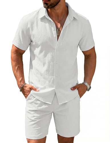 COOFANDY Men's Cotton Linen Suits Casual Button-Down Beach Shirts Party Elastic Shorts Outfits Matching Swim Set White