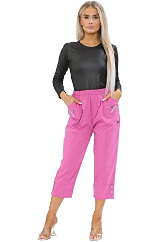 Image of AFR Women Capri Trousers Cropped Pants Ladies 3/4 Three Quarter Length Stretch Pull On Elasticated UK Size 10-24 (Fuchsia, 12)