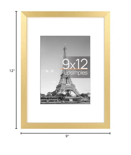 Image of upsimples 9x12 Picture Frame, Display Pictures 6x8 with Mat or 9 x 12 Without, Wall Hanging Photo Frames, Gold, 1 Pack