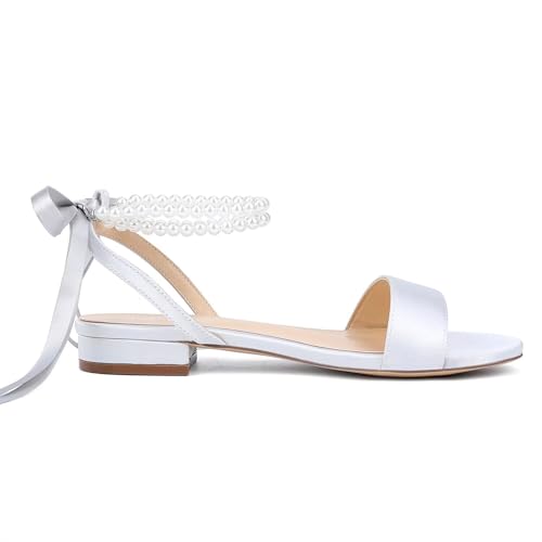 Image of Satin Wedding Flats for Bride Pearl Sandals Open Toe Bridal Shoes Flat Wedding Shoes for Bride