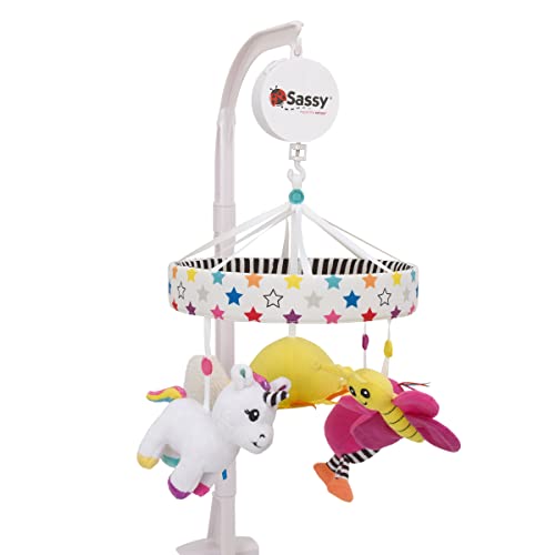 Sassy Baby Ulbright Unicorn Black, White, And Multi-Colored Developmental Plush Peek-A-Boo Mirror Musical Mobile #TOP24
