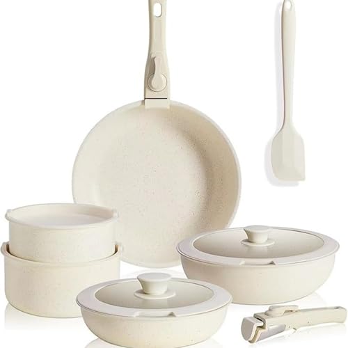 Juego de utensilios de cocina antiadherentes con mango desmontable y tapas de 12 piezas, ollas y sartenes de inducción, aptas para horno, resistentes a manchas y arañazos