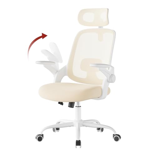 WOLTU Sedia Ufficio Ergonomica con Poggiatesta e Braccioli Regolabili, Supporto Lombare, Poltrona Scrivania Girevole in Rete Traspirante Funzione Dondolo, Beige