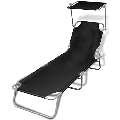 WKIEQACO Tumbonas plegables para exteriores con toldo de acero y tela negra