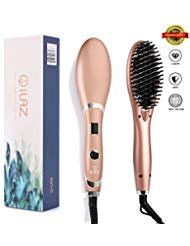 iLAZ Electric Hair Straightener Brush, Ionic Ceramic Fast Heated Straightening Brush Irons Straightens Curly Thick Hair, Silky Straight Styling, Anti Scald Detangling Comb Dual Voltage 220V Rose Gold