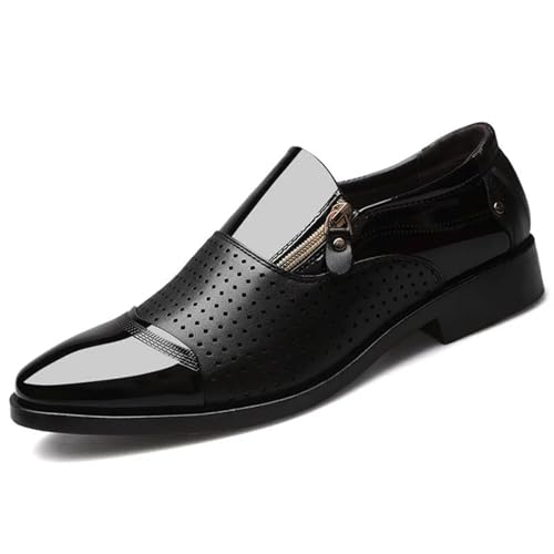 Men's Dress Shoes Patent Leather Loafers Comfy Slip-on Business Dress Flats with Zipper Breathable Driving Shoes