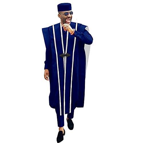 African Men Clothing Agbada Robe Dashiki Shirts Ankara Pants Tribal Hat Wedding Evening Outfits 4 Pieces 1 XL