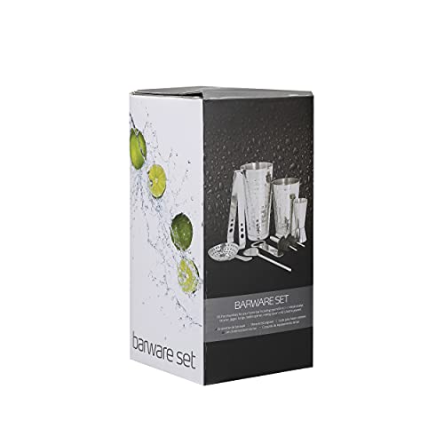 BarCraft 8-Piece Silver Cocktail Set in Gift Box, Includes Cocktail Shaker, Jigger, Tongs, Mixing Spoon, Bottle Opener & 2 Bottle Pourers, Stainless Steel