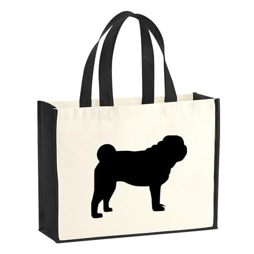 Huuraa Jutetasche Mops Silhouette 21 Liter Black Jute und Baumwolle Einkaufstasche Geschenkidee