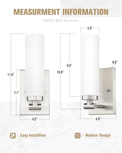 Image of Emak Brushed Nickel Wall Sconces, 2 Light Bathroom Light Fixtures with Milk Glass Shade, Modern Wall Lights for Bathroom, Mirror, Living Room, Bedroom, Gallery, WS086-BN-ML-2PK