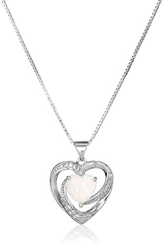 Amazon Collection womens Sterling Silver Created Opal and White Sapphire Open Heart Pendant Necklace, 18"