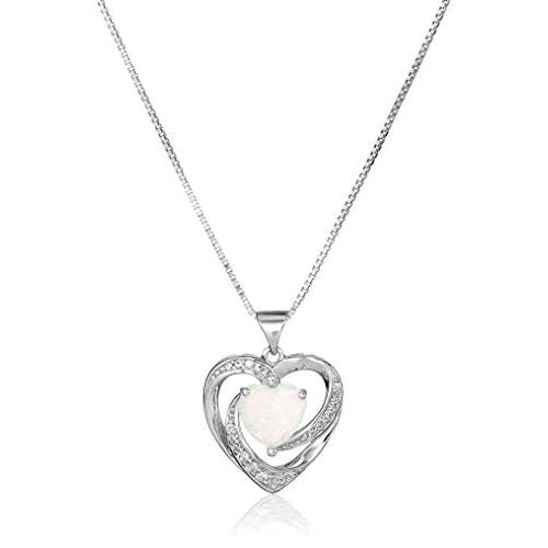 Amazon Essentials Women’s Sterling Silver Created Opal and White Sapphire Open Heart Pendant Necklace, 18″