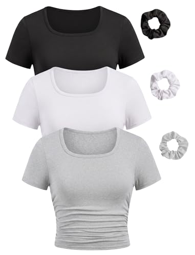 Image of EXARUS 3 Pack Girls Square Neck Top Fitted Tshirt Trendy Cute Crop Tops Tee