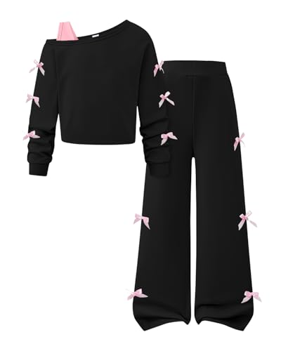 Kxuryueo Girls 2 Piece Set Long Sleeve Sweatshirt and Wide Leg Jogger Pants with Pocket Size 11 12