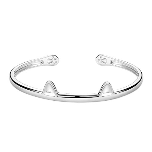 SHEGRACE Bracelet Femme Jonc Ouvert en Pur Argent 925 Sterling, Ornement Oreilles de Chat mignion...