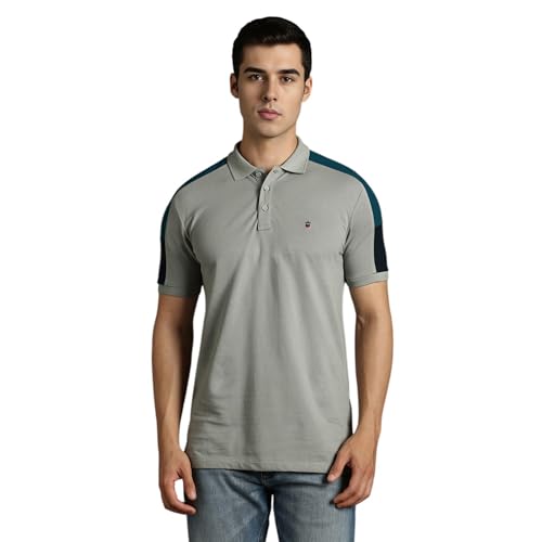 Image of Louis Philippe Men's Slim Fit Premium High-End Pique in Superior Cotton Cut & Sew Design Color Block Shoulder Half Sleeve Polo Tshirt