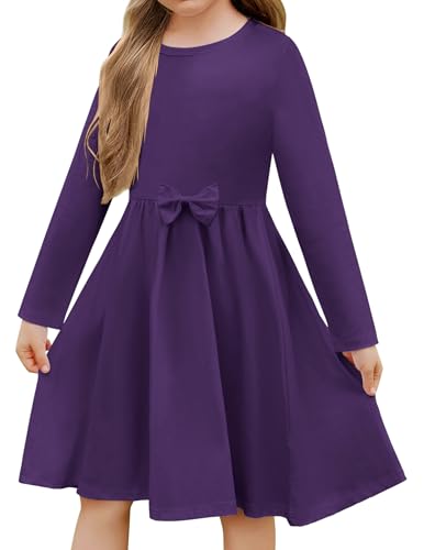 Arshiner Girls Long Sleeve Dress A line Twirly Skater Casual Bow Tie Dress