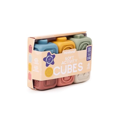 Miniland Cubos Sensoriales de Silicona para Bebés con Texturas, Sonido y Relieves para Juego Multisensorial, Niños y Niñas Desde los 6 Meses | Soft Activity Cubes