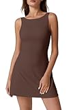 QINSEN Boat Neck Workout Dress for Women Open Back Sleeveless Tennis Dress Built in Shorts Chestnut S