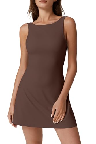 QINSEN Boat Neck Workout Dress for Women Open Back Sleeveless Tennis Dress Built in Shorts Chestnut M