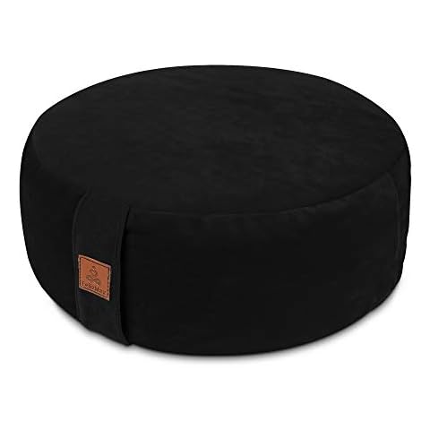 Round Velvet Meditation Pillow D=13"/16" H=5.5" Yoga Bolster Floor Pouf Zafu Buckwheat Meditation Cushion for Sitting on Floor,Removable Organic Cotton Cover Kneeling Pillow (Black, 16"×16") Cover