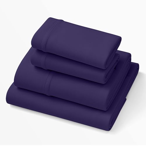 Image of Purple Deep Pocket SoftStretch Sheets, Split King, Rayon Blend, Moisture-Wicking, Deep Purple, Fits Most Mattresses, Adaptive Support