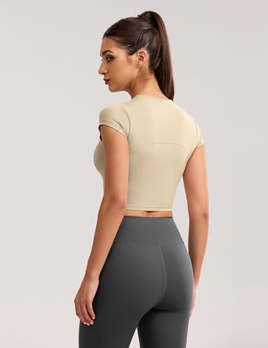 Image of ENERBLOOM Workout Crop Tops for Women Yoga Short Sleeve Removable Bra | Slim Fit, Mild Support, Crop T-Shirt, Mock Neck, Soft Comfort, High-Stretch, for Yoga,Gym & Daily Wear