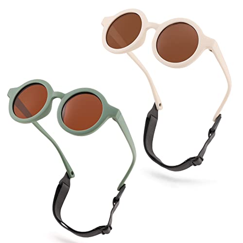 Bouryo Polarized Cute Round Sunglasses Flexible Newborn Baby Sunglasses with Strap for Infant Boys Girls Ages 0-24 Months