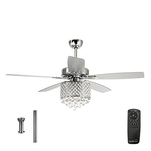 Parrot Uncle Ceiling Fans with Lights and Remote 52 Inch Chandelier Ceiling Fan with Light for Bedroom Crystal Outdoor Ceiling Fans for Patios Covered, Silver