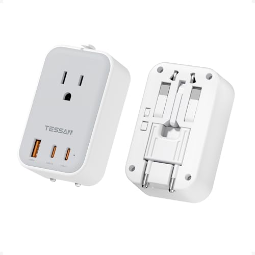 Image of TESSAN Universal Travel Adapter PD 20W, Ultra Thin International Power Adapter 2 USB C 1 USB A, Worldwide Power Plug Adaptor for USA to European UK Italy Ireland New Zealand (Type C /G /A /I), Grey