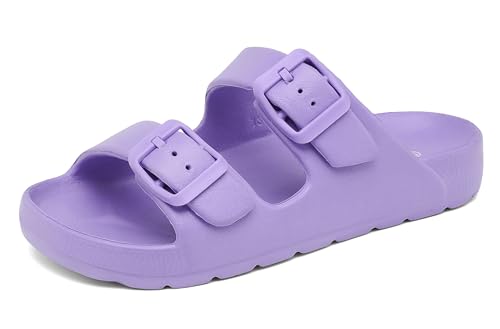 INMINPIN Boys Girls Double Buckle Slide Sandals Comfort Beach Pool Shower Slippers Adjustable Indoor Outdoor Little Kid/Big Kid,Purple,3 Big Kid