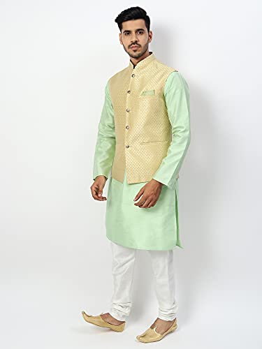 Image of Uri and MacKenzie Men's Silk Blend Regular Kurta Churidar Pyjama with Bundi Nehru Jacket /Waistcoat